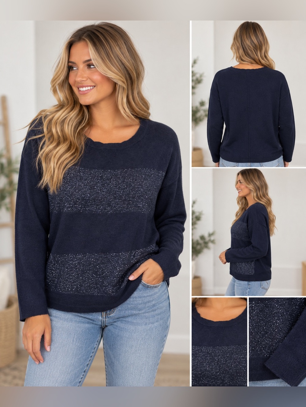 Banana Republic Wool Blend Navy Blue Metallic Stripe Crewneck Sweater size XS